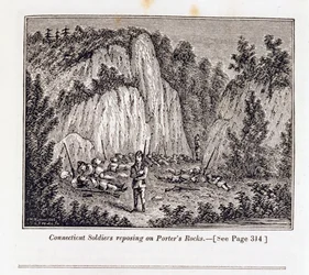 Soldats du Connecticut se reposant sur le rocher de Porter avant d